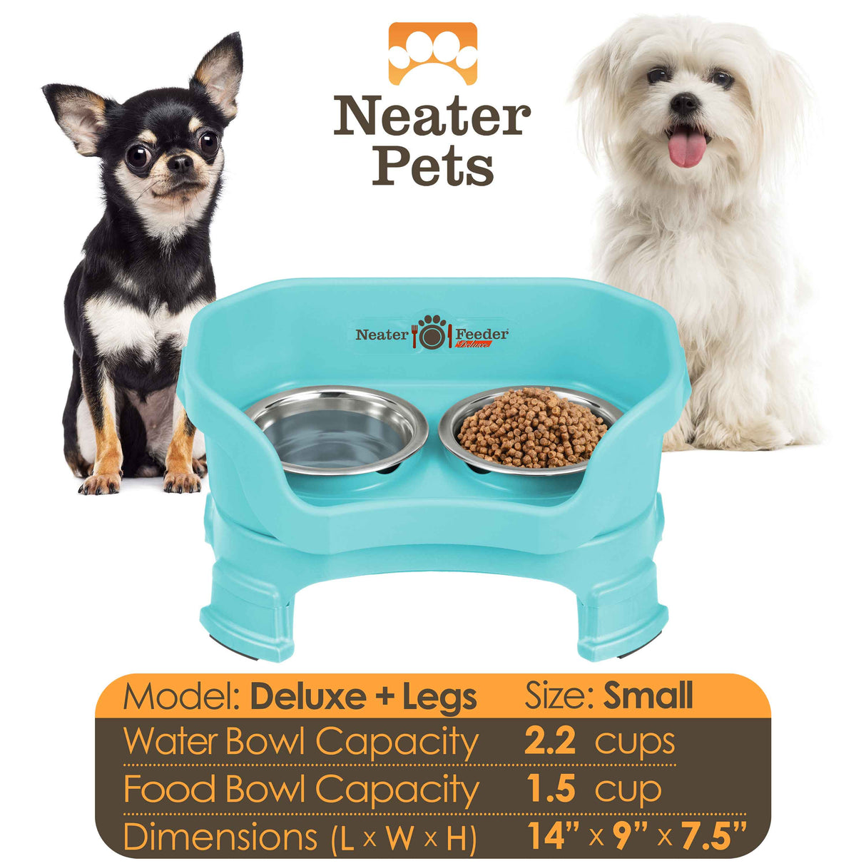 A chart displaying the Deluxe small with leg extensions bowl capacity and dimensions, with two small dogs on either side of the chart.