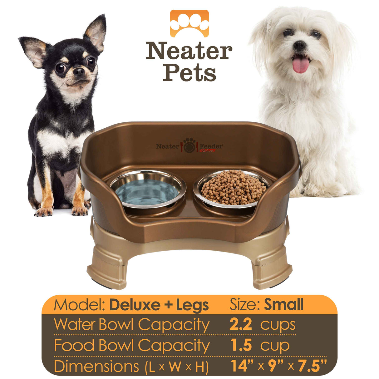 A chart displaying the Deluxe small with leg extensions bowl capacity and dimensions, with two small dogs on either side of the chart.
