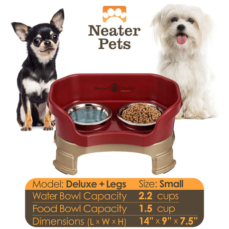 A chart displaying the Deluxe small with leg extension bowl capacity and dimensions, with two small dogs on either side of the chart.