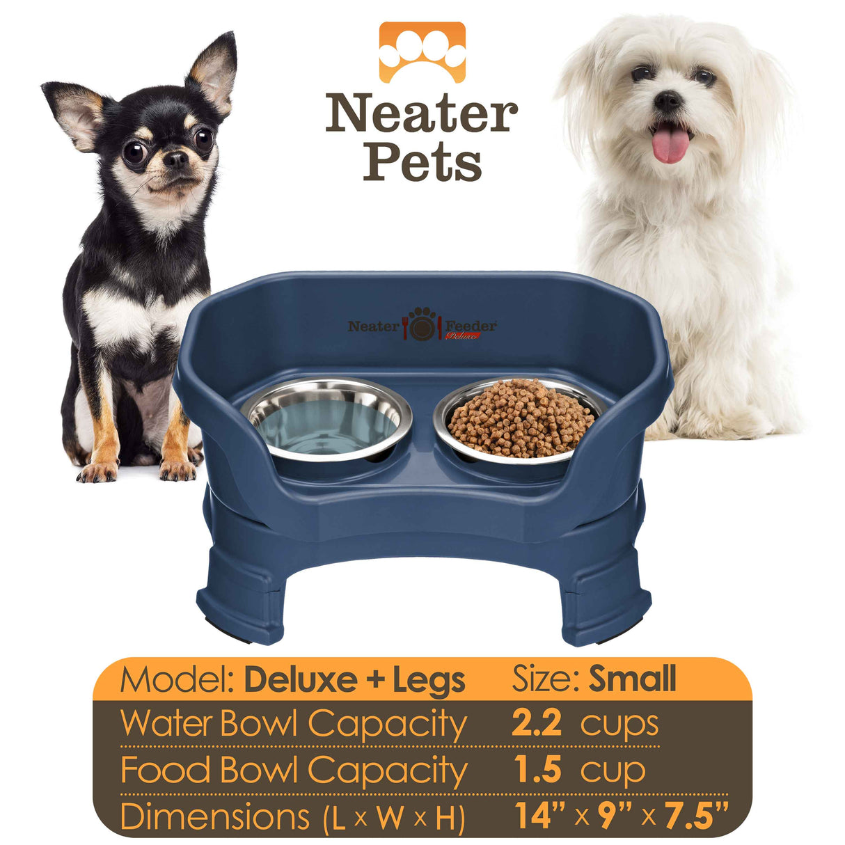 A chart displaying the Deluxe small with leg extensions bowl capacity and dimensions, with two small dogs on either side of the chart.