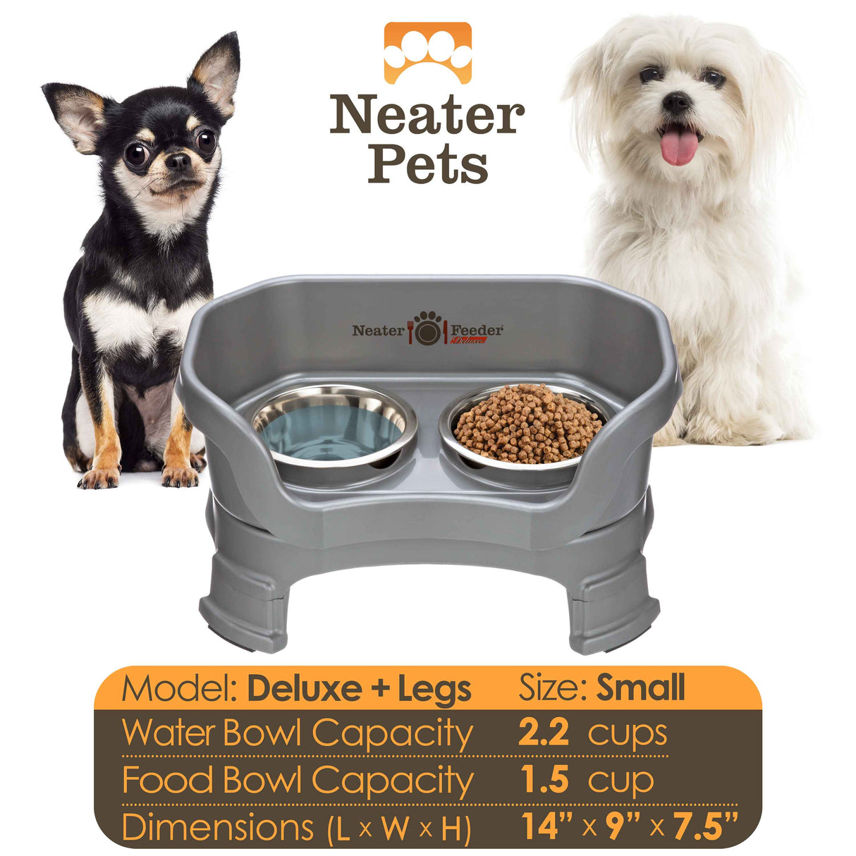 A chart displaying the Deluxe small with leg extensions bowl capacity and dimensions, with two small dogs on either side of the chart.