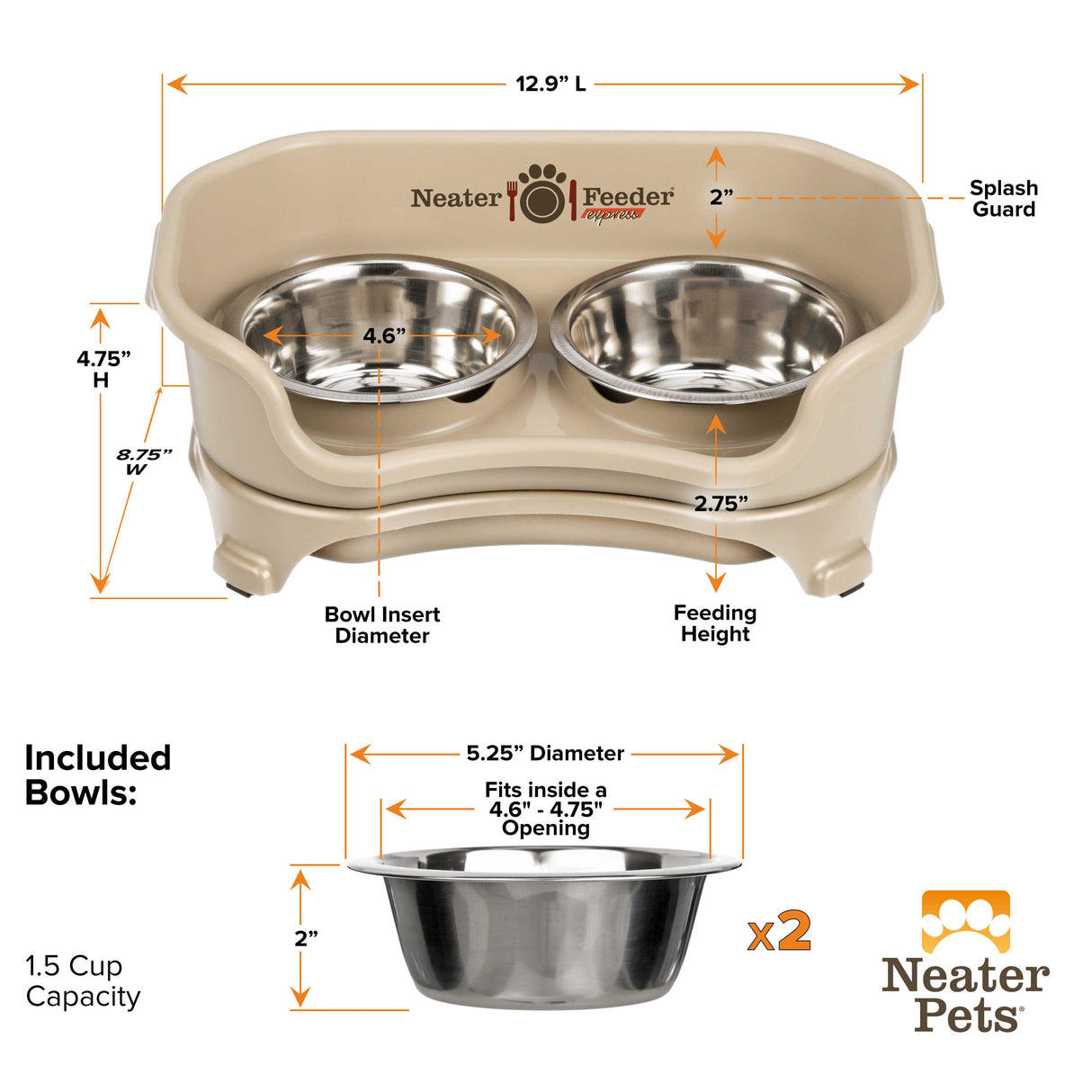 Dimensions of Small almond EXPRESS Neater Feeder and the stainless steel bowls.