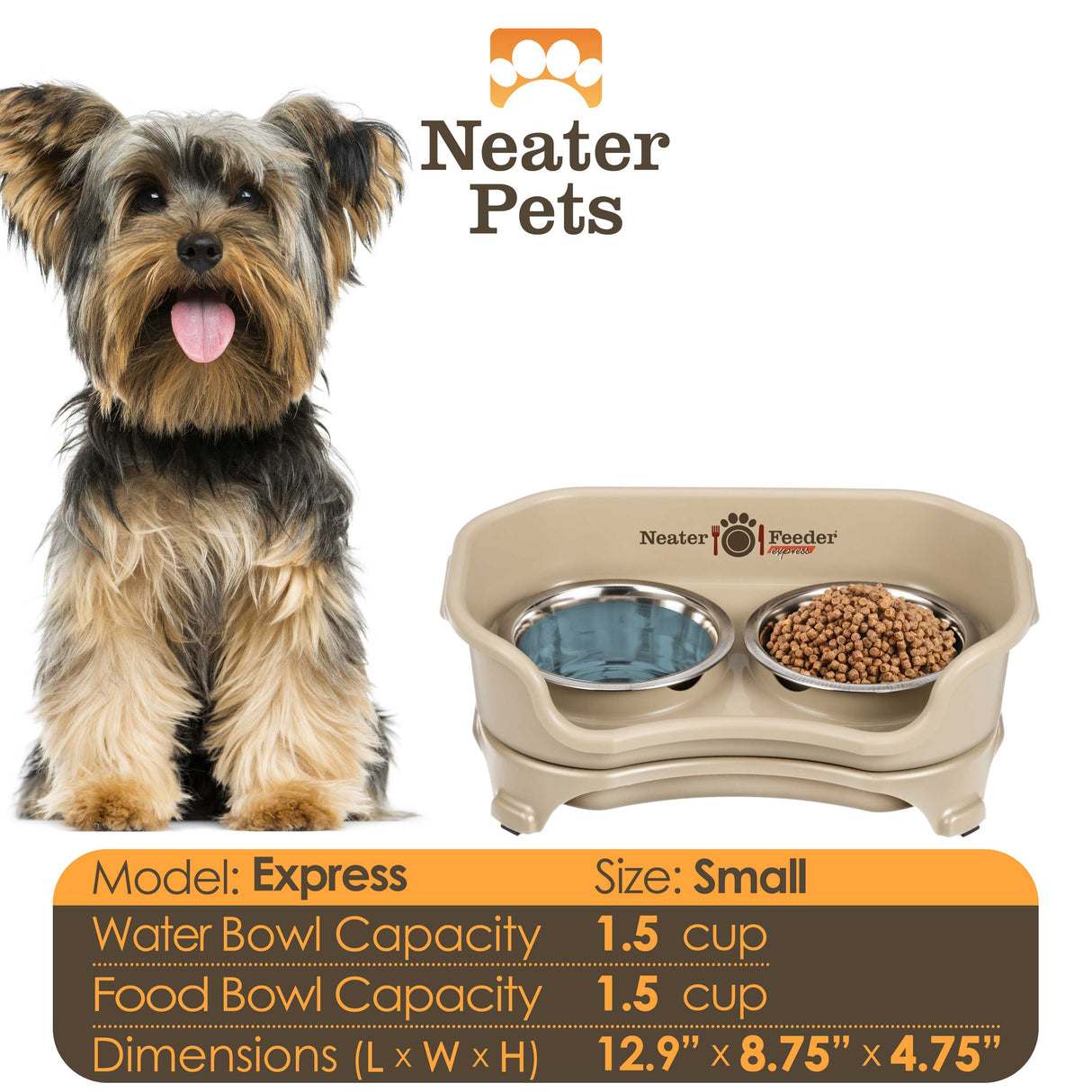A chart displaying the Express small bowl capacity and dimensions, with a small dog next to the chart.