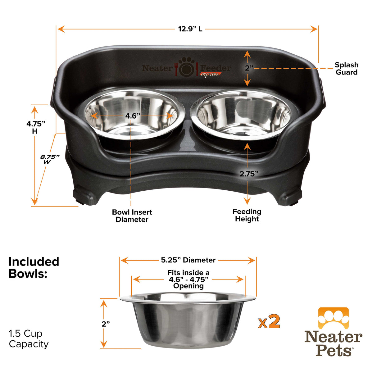 Dimensions of small midnight black EXPRESS Neater Feeder and the stainless steel bowls.