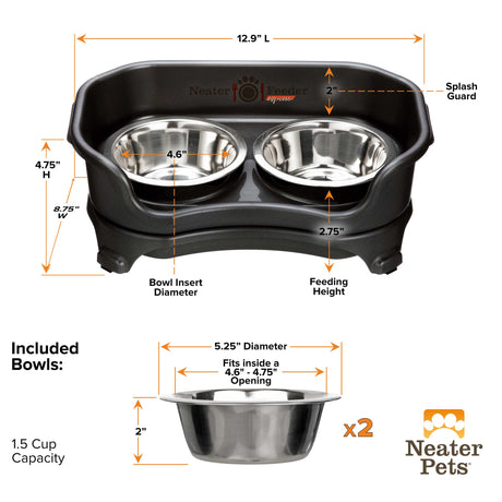 Dimensions of small midnight black EXPRESS Neater Feeder and the stainless steel bowls.