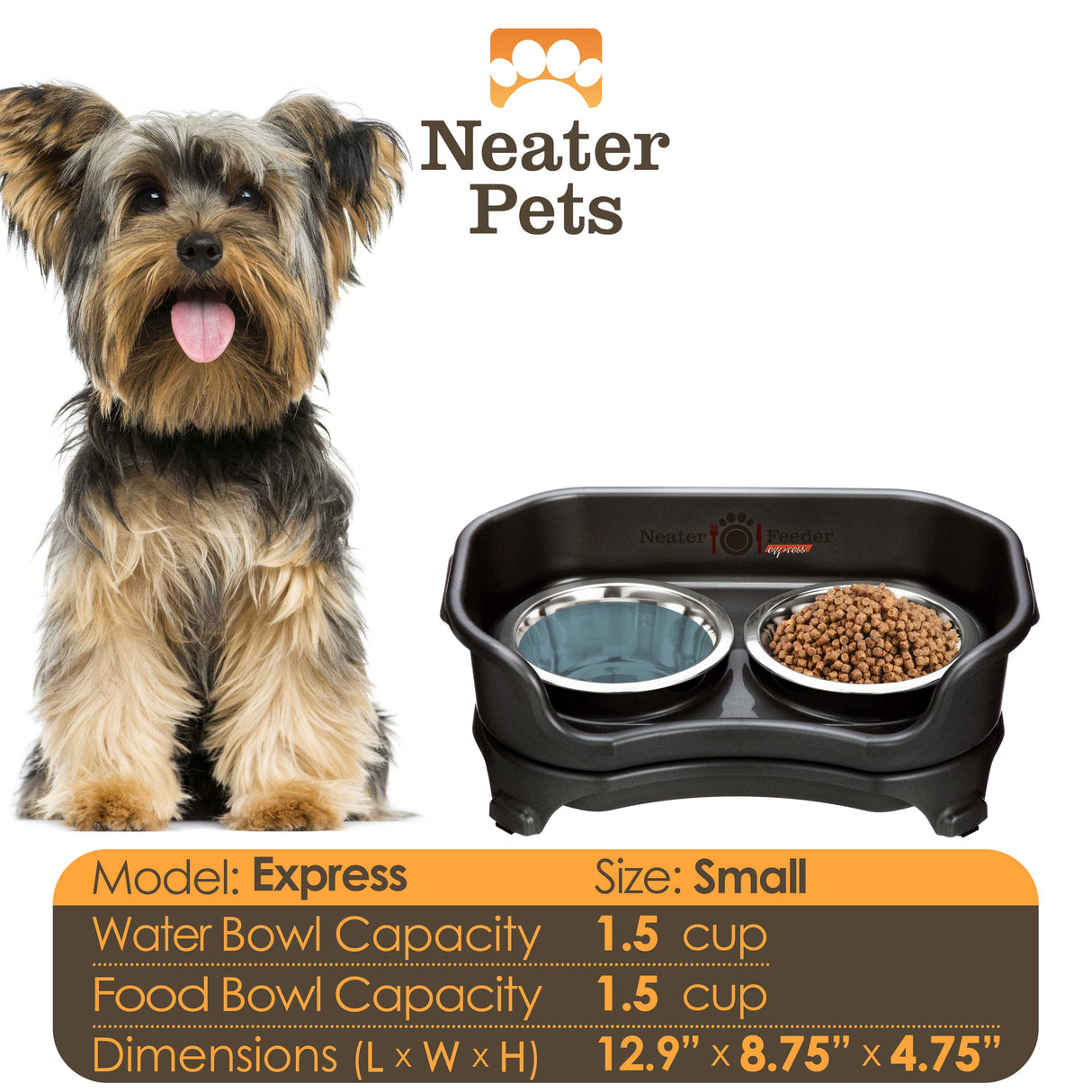 A chart displaying the Express small bowl capacity and dimensions, with a small dog next to the chart.