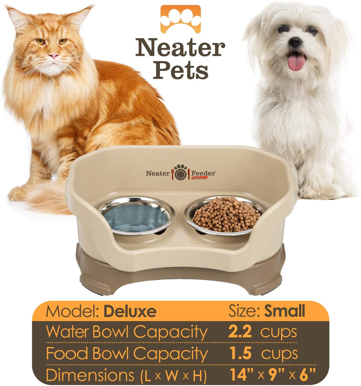 A chart displaying the Deluxe small bowl capacity and dimensions, with two small dogs on either side of the chart.