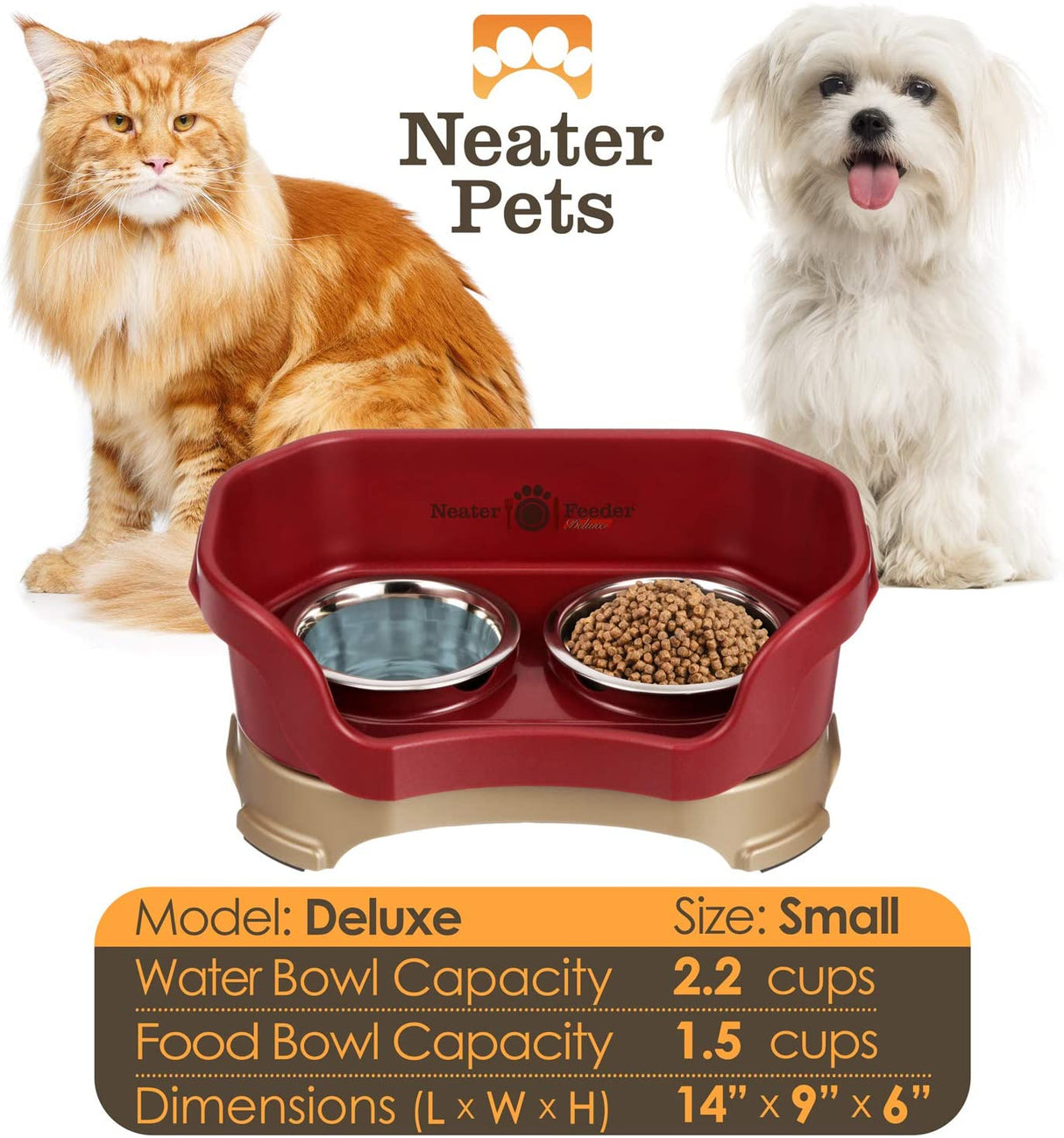 A chart displaying the Deluxe small bowl capacity and dimensions, with two small dogs on either side of the chart.