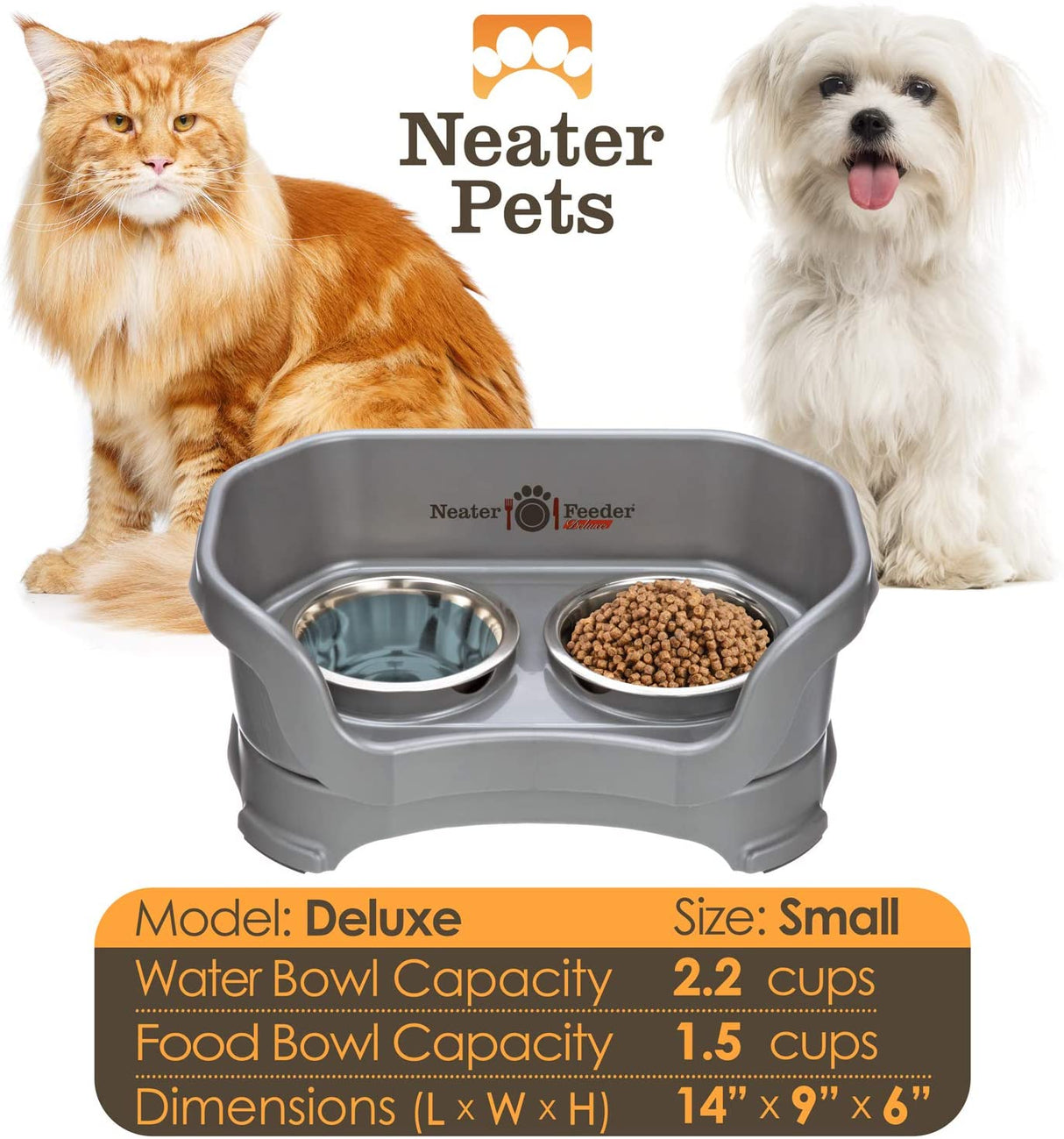 A chart displaying the Deluxe small bowl capacity and dimensions, with two small dogs on either side of the chart.
