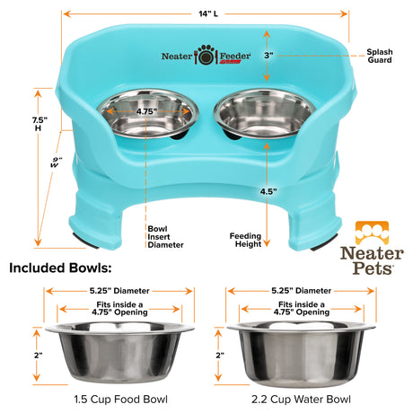 A chart showing the dimensions of the Neater Feeder Deluxe small with leg extensions as well as the stainless steel bowls against a white background.