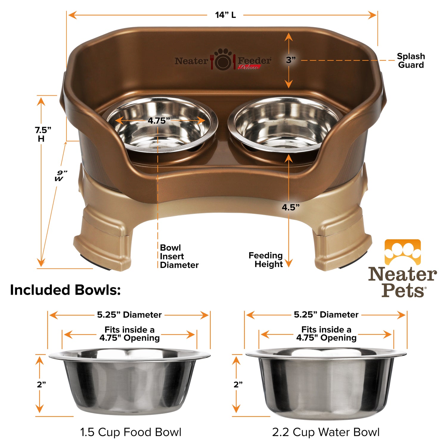 A chart showing the dimensions of the Neater Feeder Deluxe small with leg extensions as well as the stainless steel bowls against a white background.