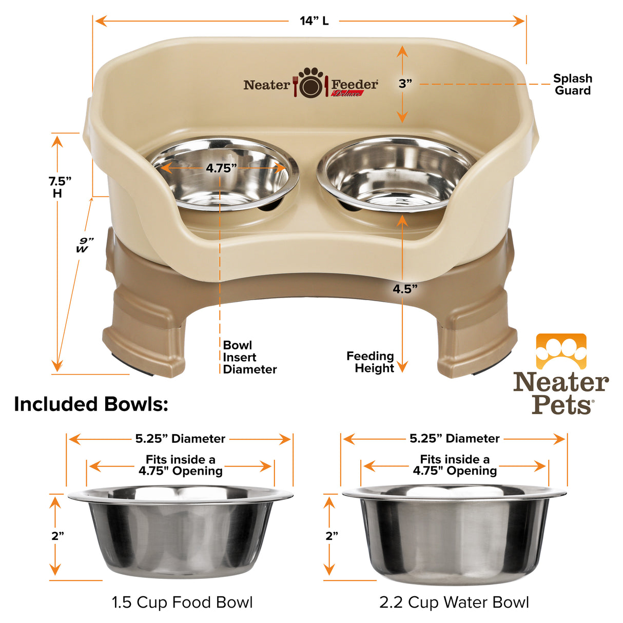 A chart showing the dimensions of the Neater Feeder Deluxe small with leg extensions as well as the stainless steel bowls against a white background.