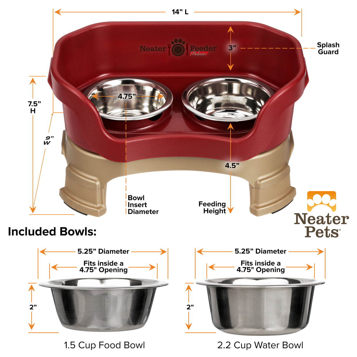 A chart showing the dimensions of the Neater Feeder Deluxe small with leg extensions as well as the stainless steel bowls against a white background.