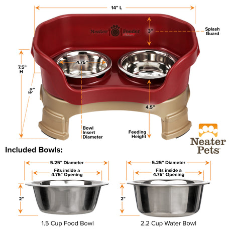A chart showing the dimensions of the Neater Feeder Deluxe small with leg extensions as well as the stainless steel bowls against a white background.