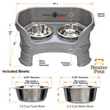 Deluxe Gunmetal Grey Small Dog Neater Feeder with leg extensions and Bowl dimensions
