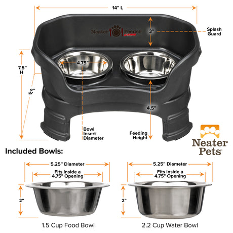 A chart showing the dimensions of the Neater Feeder Deluxe small with leg extensions as well as the stainless steel bowls against a white background.
