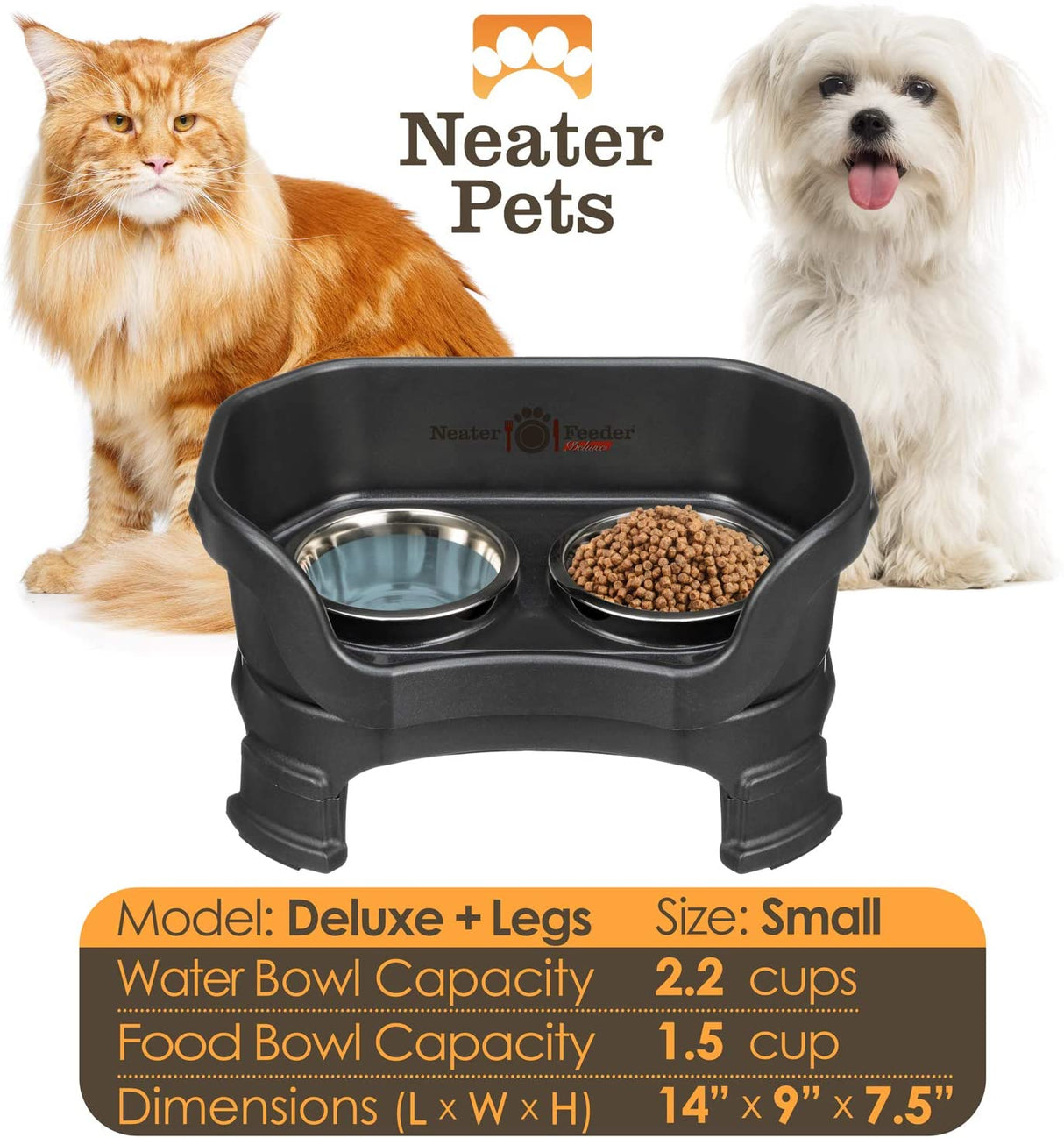 A chart displaying the Deluxe small with leg extension bowl capacity and dimensions, with two small dogs on either side of the chart.