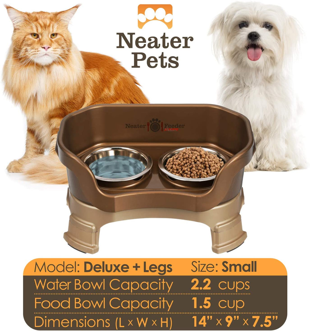 A chart displaying the Deluxe small with leg extension bowl capacity and dimensions, with two small dogs on either side of the chart.