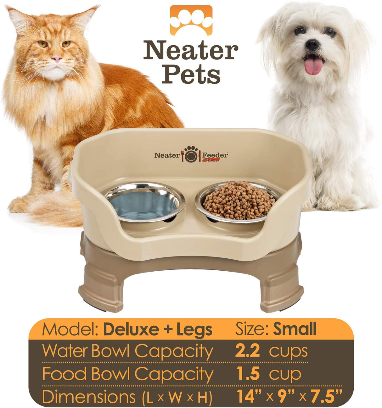 A chart displaying the Deluxe small with leg extension bowl capacity and dimensions, with two small dogs on either side of the chart.
