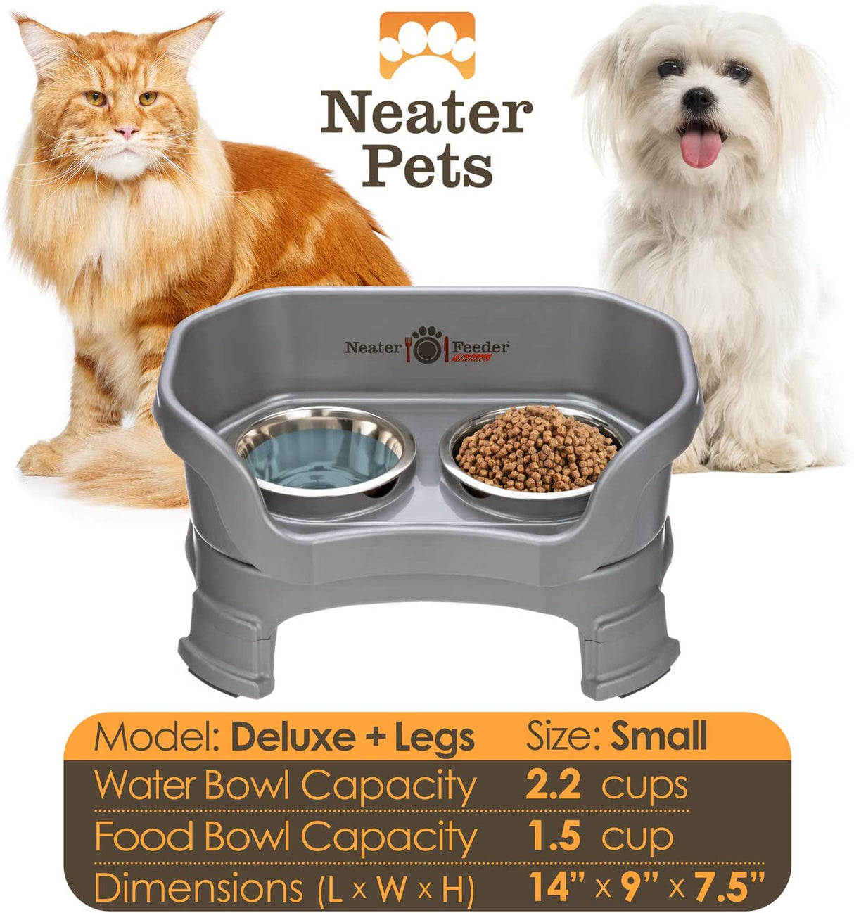 A chart displaying the Deluxe small with leg extension bowl capacity and dimensions, with a cat and a small dog on either side of the chart.