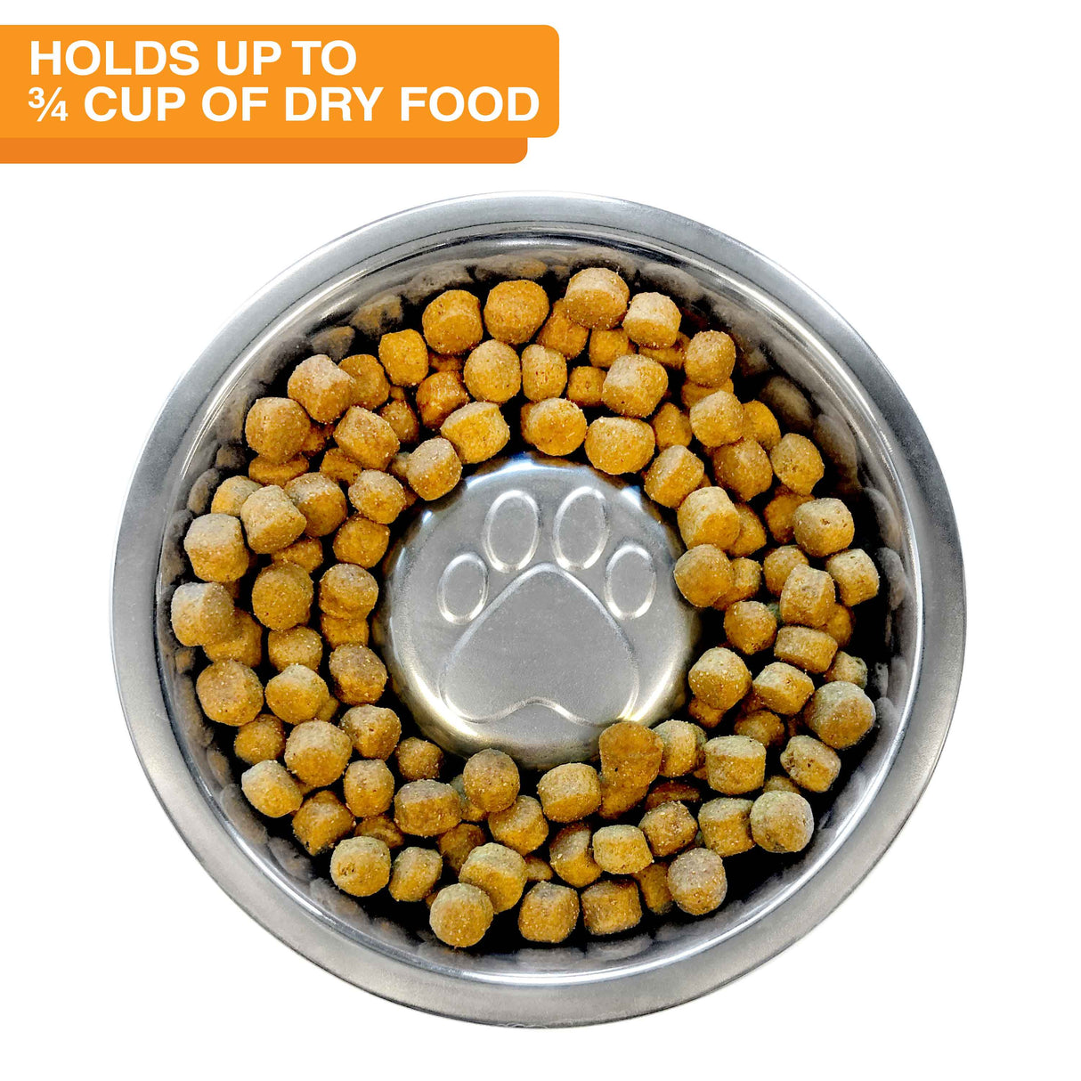 The small stainless steel Slow Feed Bowl with dog food inside on a white background. Text on screen reads: Holds up to 3/4 cup of dry food