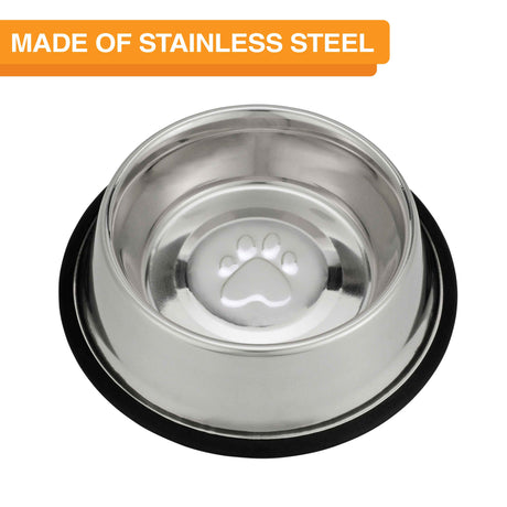 Top view of the 32 ounce non-tip stainless steel bowl. Text on screen reads "Made of stainless steel."
