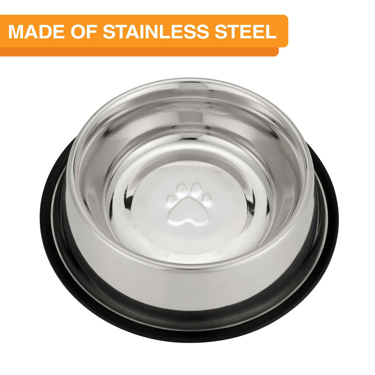 Top view of the 64 ounce Non-tip stainless steel bowl. Text on screen reads "Made of stainless steel."