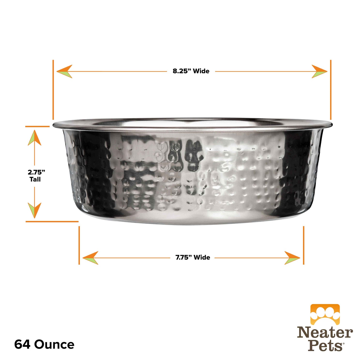 Dimensions of the 64 ounce Hammered Stainless Steel Bowl