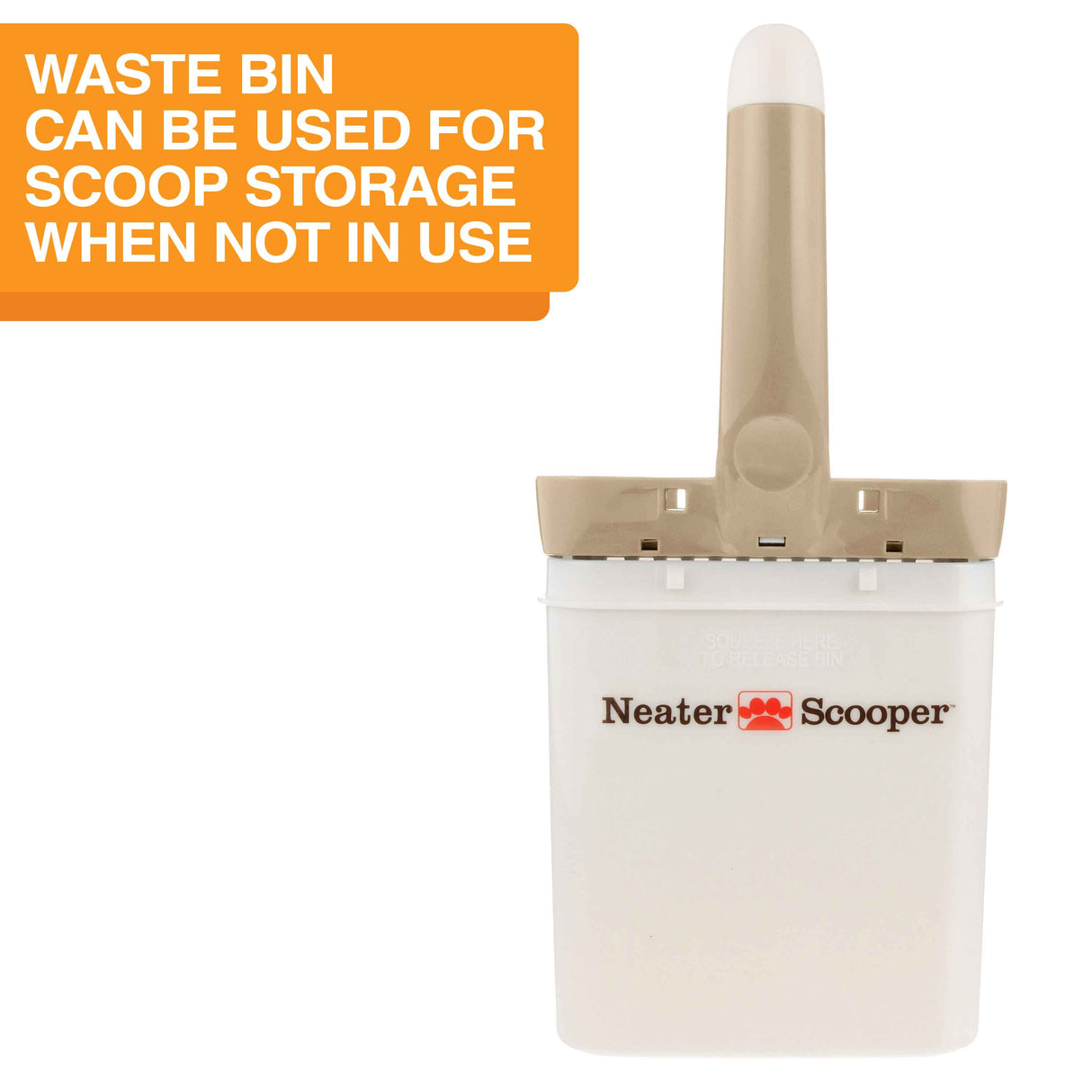 Image of the Neater Scooper top inside the bin with the text: Waste bin can be used for scoop storage when not in use.