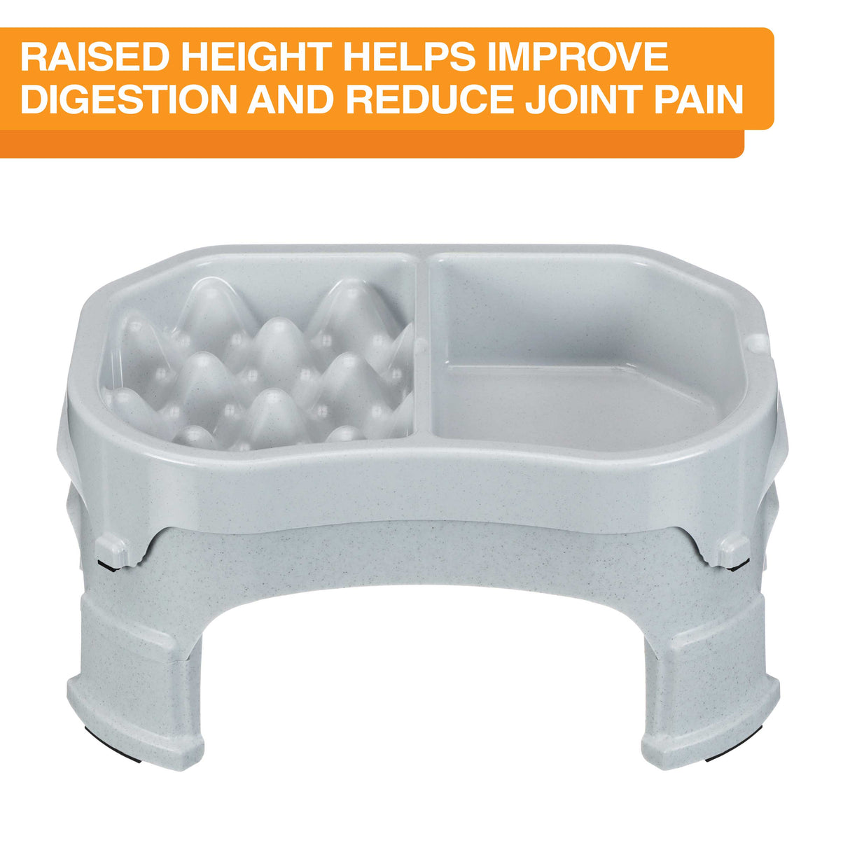 Raised Neater Slow Feeder Double Diner against a white background with text explaining that the height helps improve digestion and reduce joint pain.