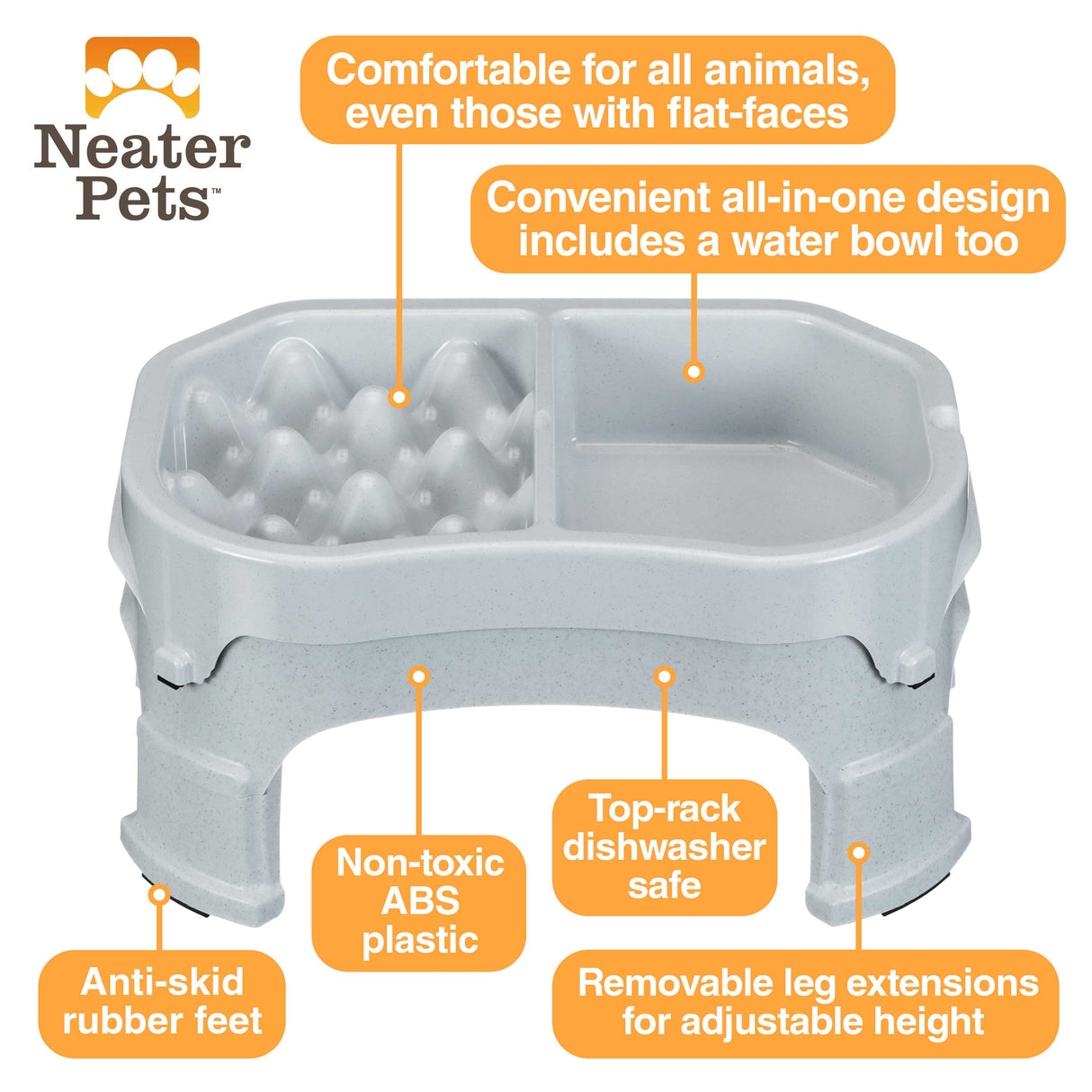 A picture of the raised Neater Slow Feeder Double Diner with arrows pointing to the benefits, which include: comfortable to eat from, non-toxic, anti-skid rubber feet, top-rack dishwasher safe, all-in-one water bowl, and removable leg extensions.