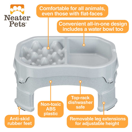 A picture of the raised Neater Slow Feeder Double Diner with arrows pointing to the benefits, which include: comfortable to eat from, non-toxic, anti-skid rubber feet, top-rack dishwasher safe, all-in-one water bowl, and removable leg extensions.