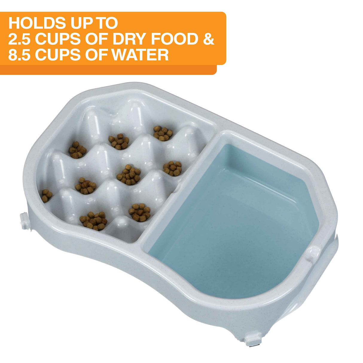 Neater Slow Feeder Double Diner with food and water inside the feeder against a white background. Text on the screen explains the food and water capacity.