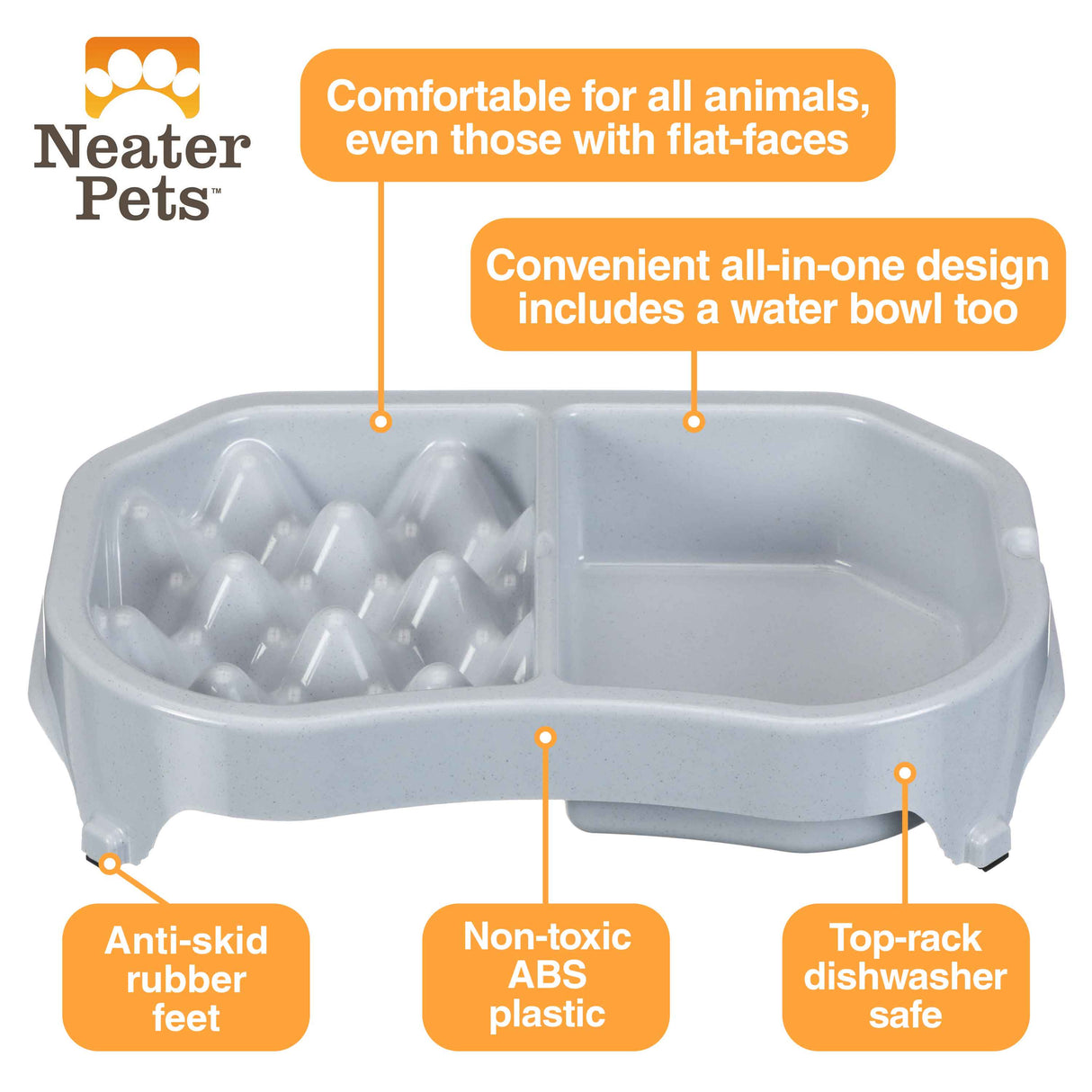 A picture of the Neater Slow Feeder Double Diner with arrows pointing to the benefits, which include: comfortable to eat from, non-toxic, anti-skid rubber feet, top-rack dishwasher safe, and an all-in-one water bowl.