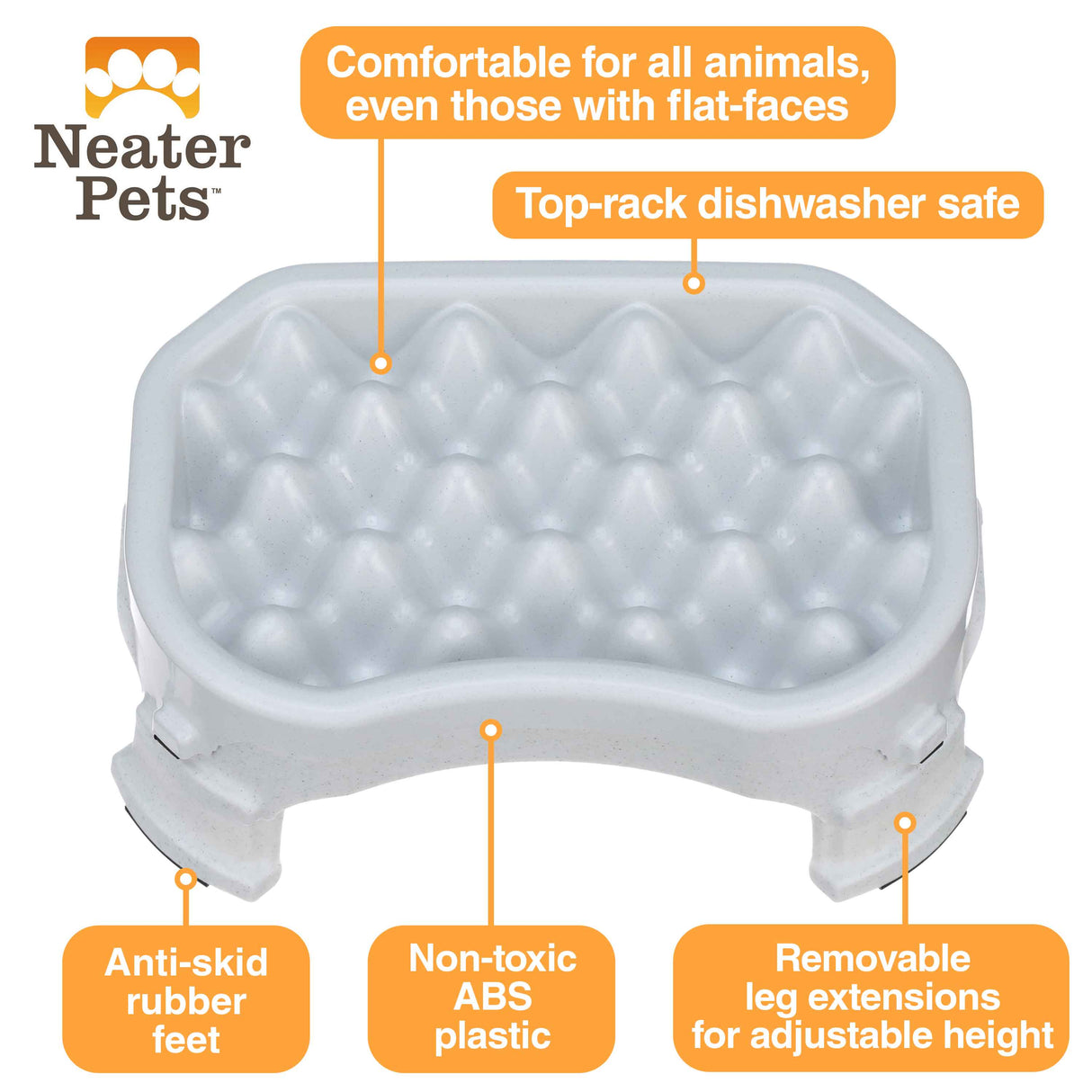 A picture of the raised Neater Slow Feeder with arrows pointing to the benefits, which include: comfortable to eat from, non-toxic, anti-skid rubber feet, top-rack dishwasher safe, and removable leg extensions.