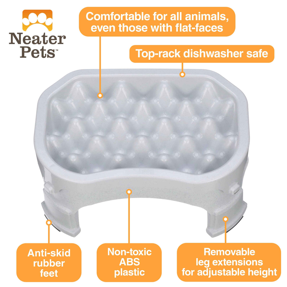 A picture of the raised Neater Slow Feeder with arrows pointing to the benefits, which include: comfortable to eat from, non-toxic, anti-skid rubber feet, top-rack dishwasher safe, and removable leg extensions.