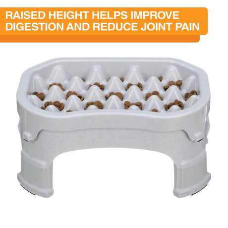 Raised Neater Slow Feeder against a white background with text explaining that the height helps improve digestion and reduce joint pain.