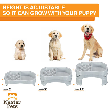 A diagram of a puppy, a young dog, and an adult dog next to the double diner in its different height adjustments, showing that it can grow with your dog.