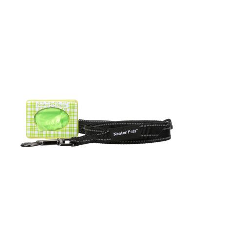 Neater Bag Dispenser green plaid pattern with reflective leash on a white background.