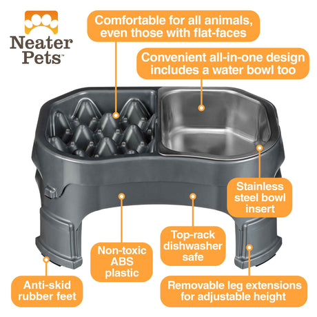 A picture of the Neater Slow Feeder Double Diner with arrows pointing to the benefits, which include: comfortable to eat from, non-toxic, anti-skid rubber feet, top-rack dishwasher safe, stainless steel bowl insert, removable leg extensions, and an all-in-one water bowl.