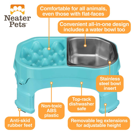 A picture of the Neater Slow Feeder Double Diner with arrows pointing to the benefits, which include: comfortable to eat from, non-toxic, anti-skid rubber feet, top-rack dishwasher safe, stainless steel bowl insert, removable leg extensions, and an all-in-one water bowl.