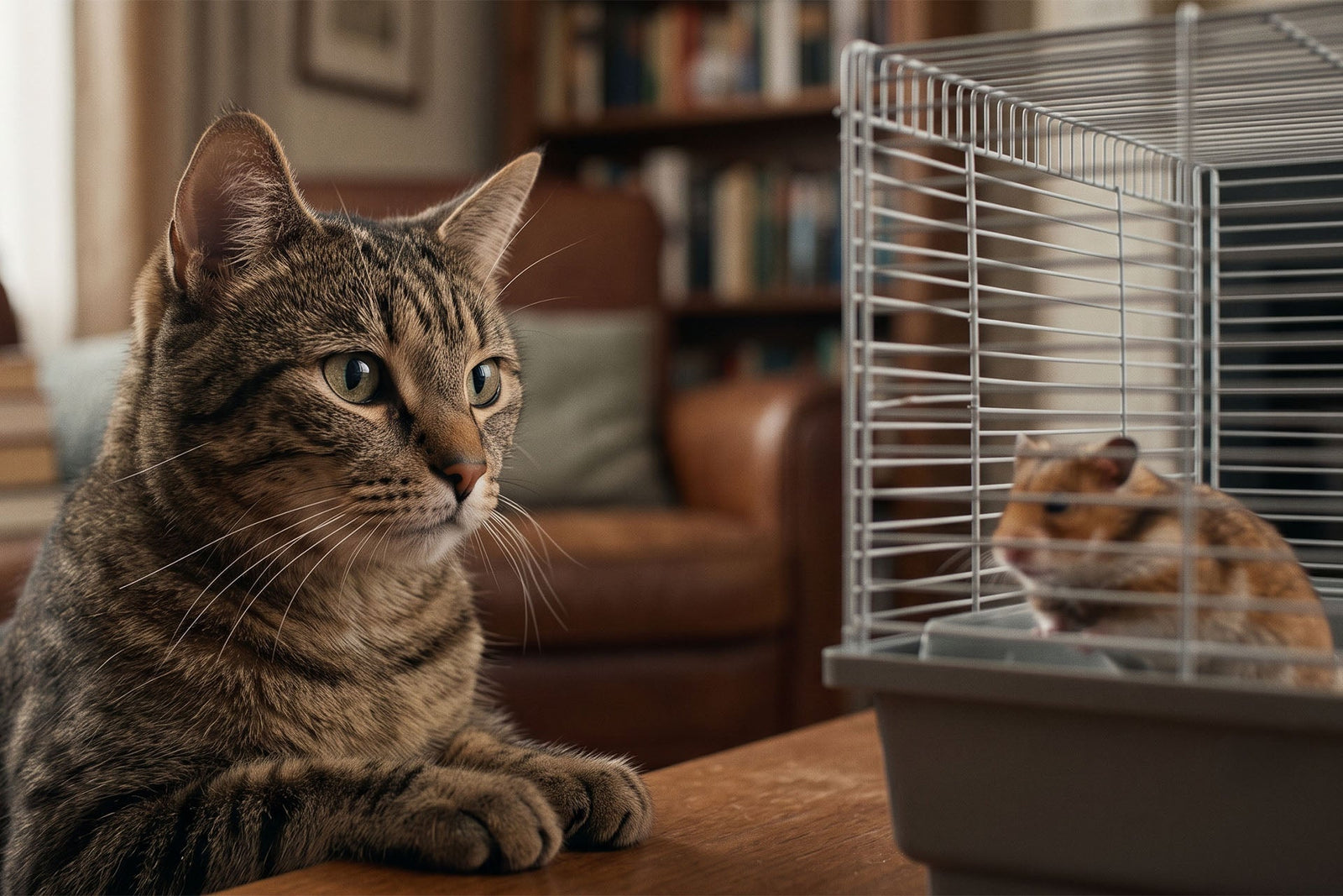A cat stares at a hamster in a cage