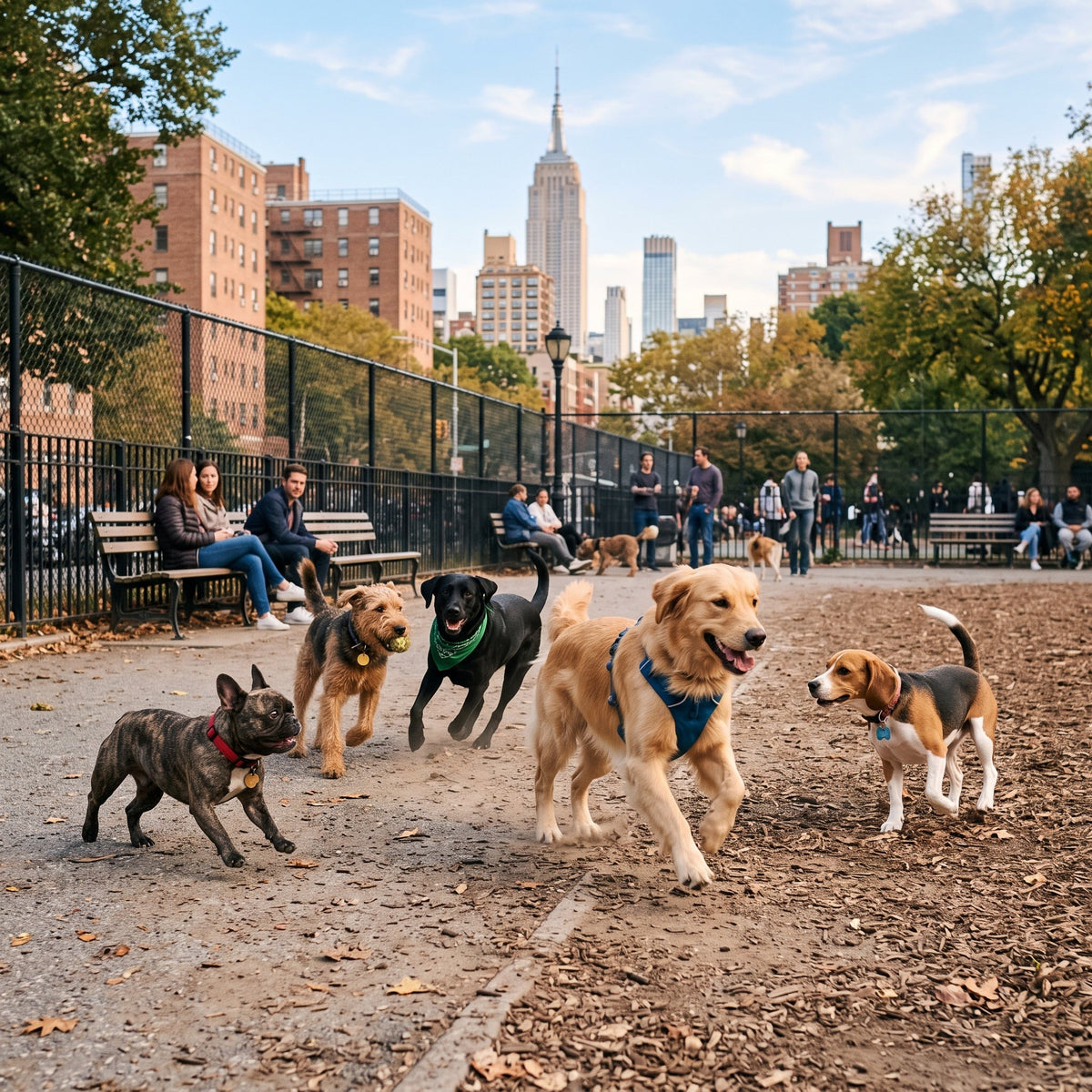 Dogs playing at a dog park