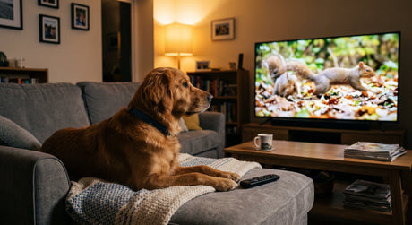 Picture of a dog watching TV.