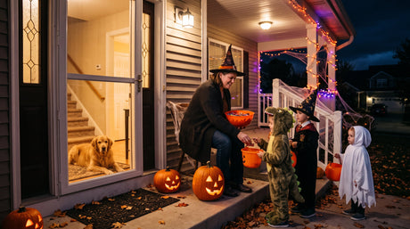 Person giving out candy while dog lays inside
