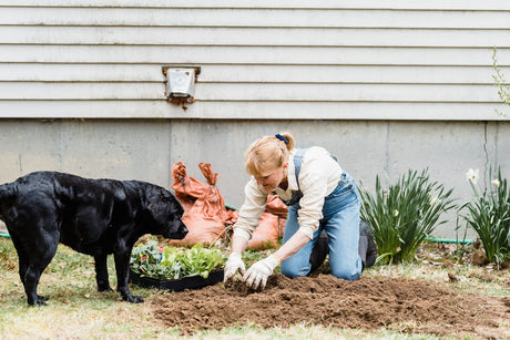 Woman gardening with dog