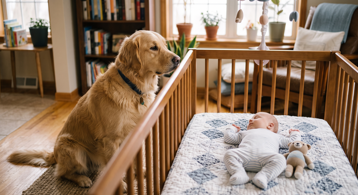 Dog looking at baby