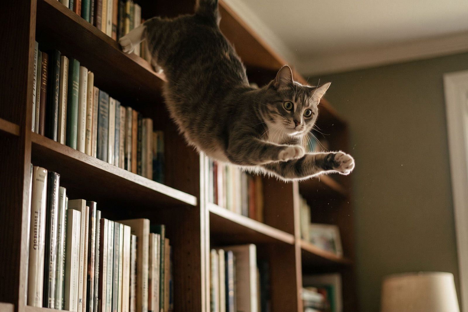 A cat falling off a bookcase