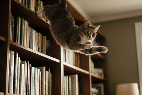 A cat falling off a bookcase