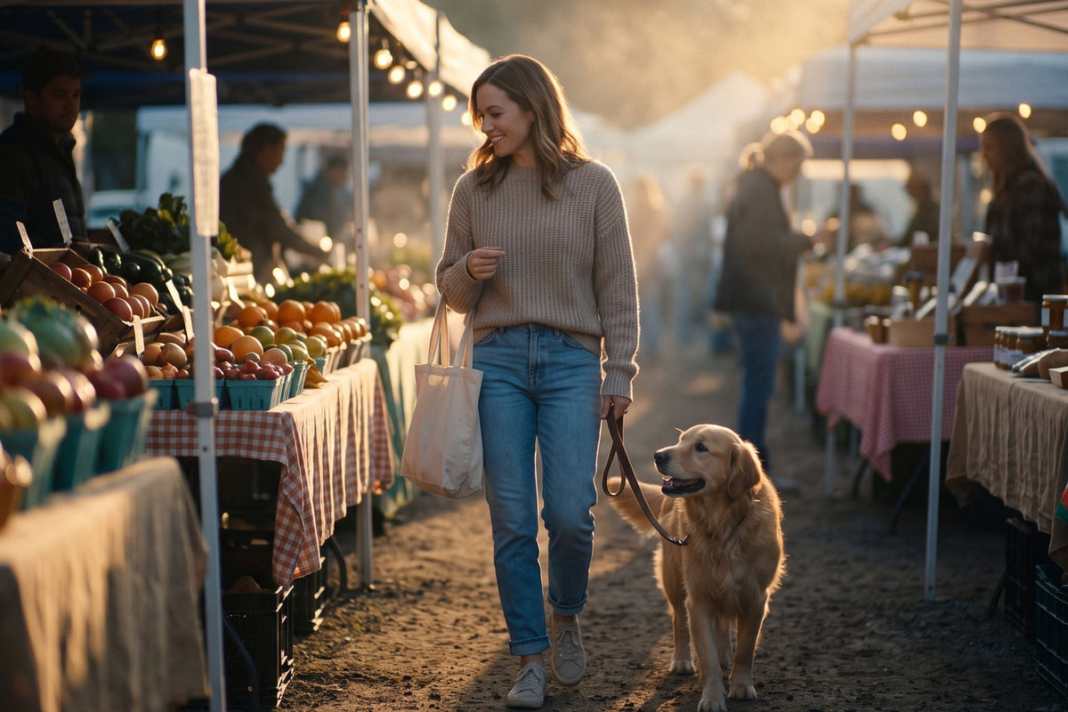 A woman and her dog browsing stands at the farmers market